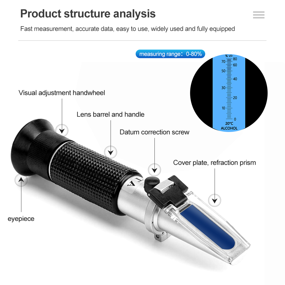 Handheld Alcohol Refractometer Liquor Tester Refractometer Urinometer Detector Monitor of Alcohol Meter 0-80% with ATC 40% Off