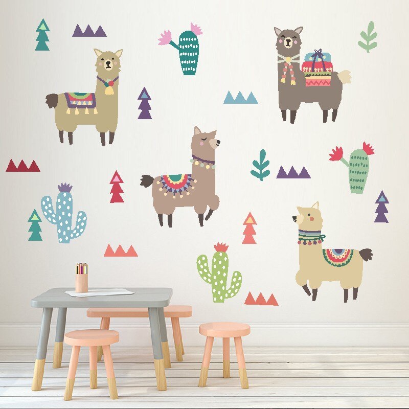 Tofok Indian Style Alpaca Cactus Children Room Wall Stickers Cartoon Animal Removable Decals Nursery Home Decoration Paste