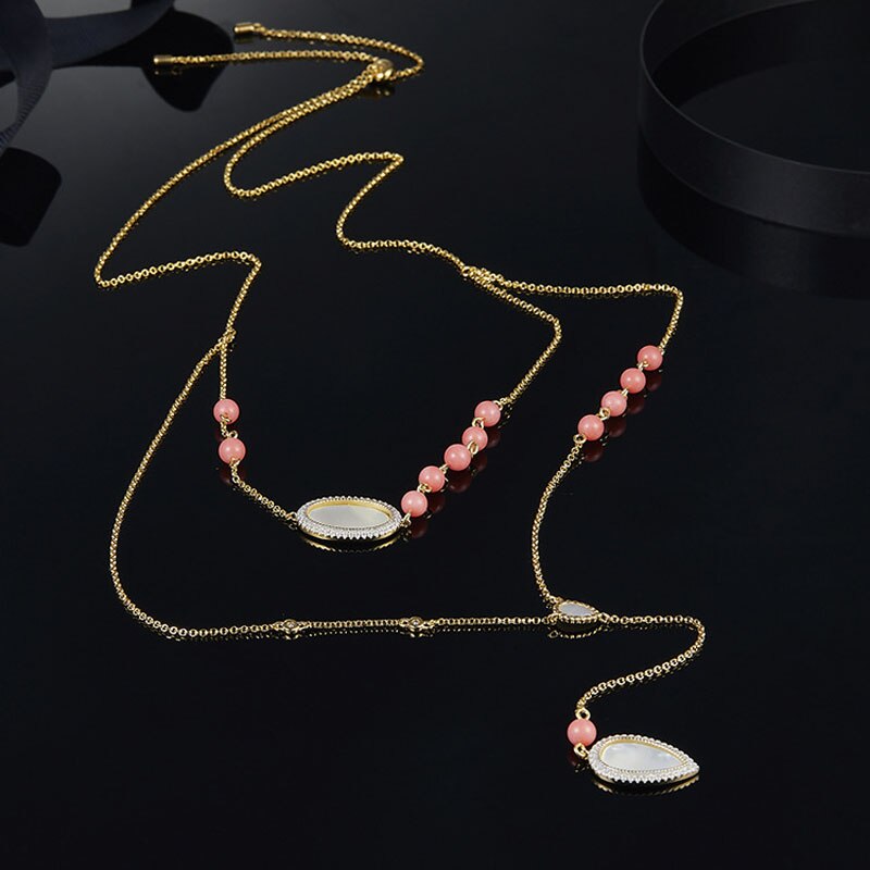 SLJELY Frauen Multi Schicht verrotten Korallen Halskette 100% 925 Sterling Silber AAA Zirkonia Gold Farbe Rosa Süssigkeit Halskette Feine