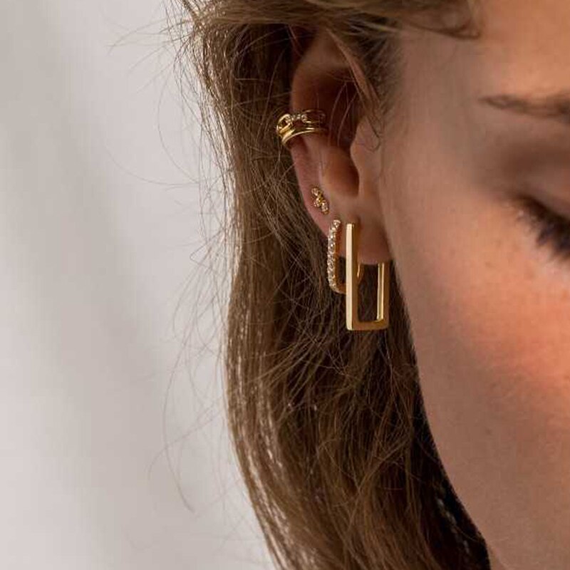 GS 925 Sterling Silver Minimalist Square Rectangle Gold Hoop Earrings For Women Chic Geometric Beads Huggie Earring Jewelry