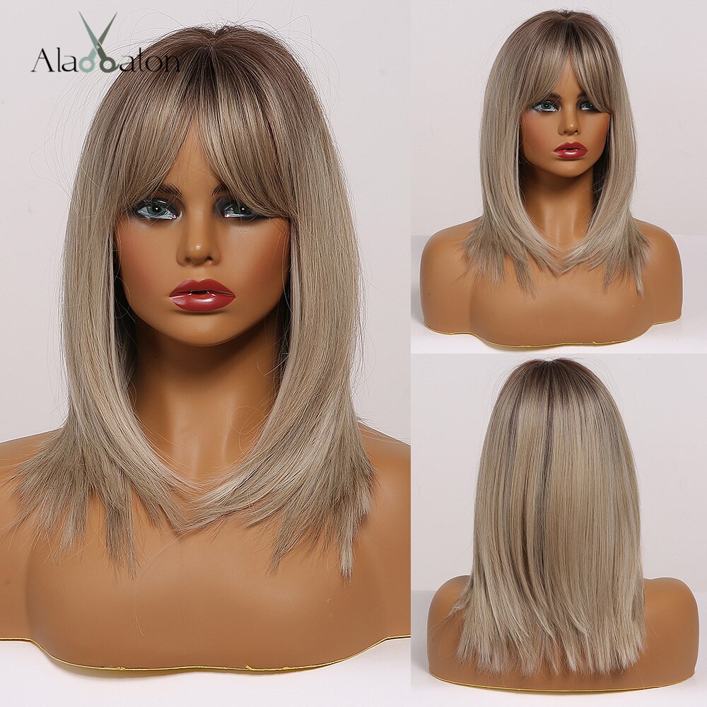 ALAN EATON Short Straight Ombre Black Brown Synthetic Wigs with Bangs for Women Bob Wig Heat Resistant Lolita Cosplay wig 12inc: lc299-1