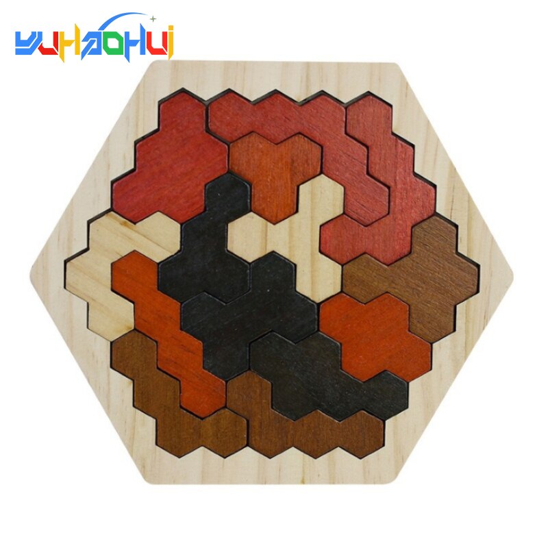 Rompecabezas de madera Hexagonal geométrico para niños, puzle de desarrollo intelectual, diversión, visión en Color, educativo, Toy3D, educativo