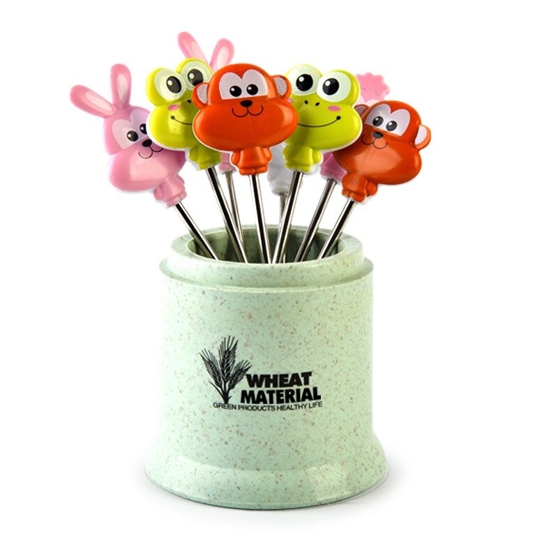 8 Roestvrij Staal Fruit Vork Cake Teken Fruit Teken Met Emmer Draagbare Party Bruiloft Decoratie: Green