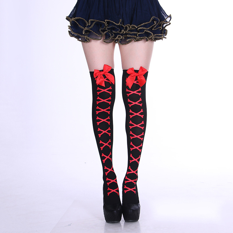 2021Hot Halloween Snoep Kleur Strik Lange Hoge Buis Over-De-Knie Dij Sokken Polka Dot Schedel Persoonlijkheid straat Sexy Night: 06