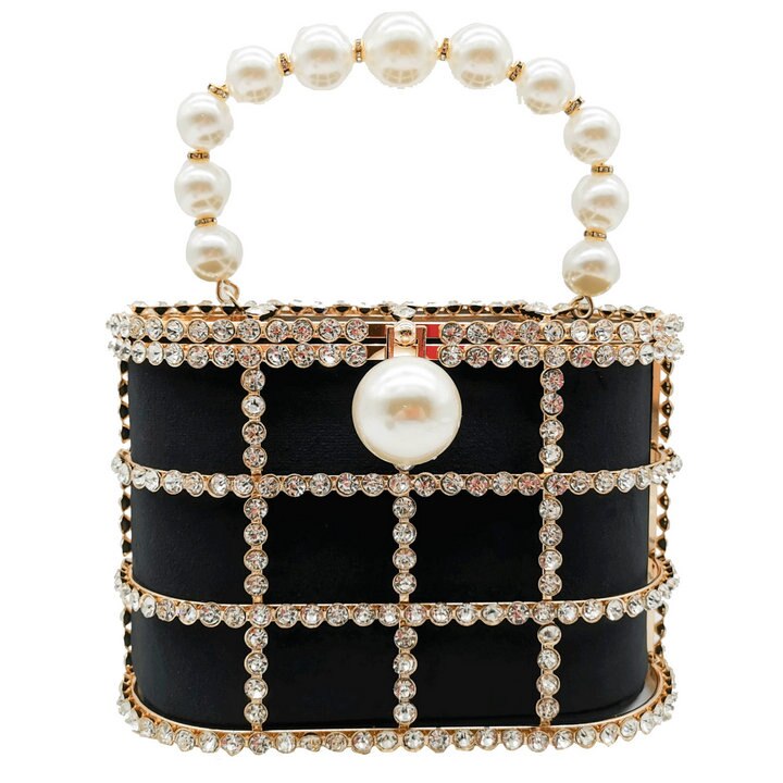 Boutique De FGG Pearl Top-Handle Black Bucket Women Flower Evening Bags Bridal Chain Shoulder Bag Wedding Purses and Handbags: MIL1255-BLK