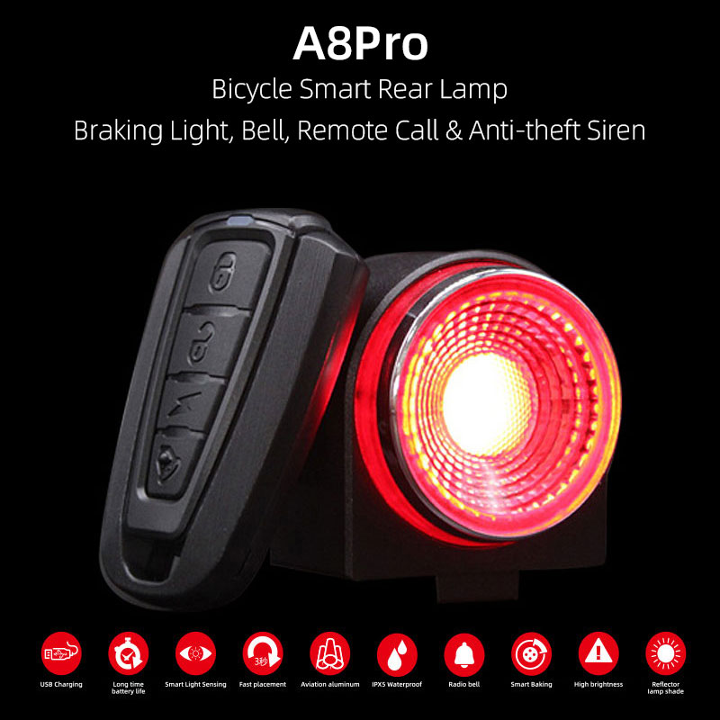 Audio Visuele Waarschuwing Lamp Remmen Licht Anti-Diefstal Alarm Draadloze Controle Led Lantaarn Remote Call Bike Finder Sirene A8Pro 800Mah