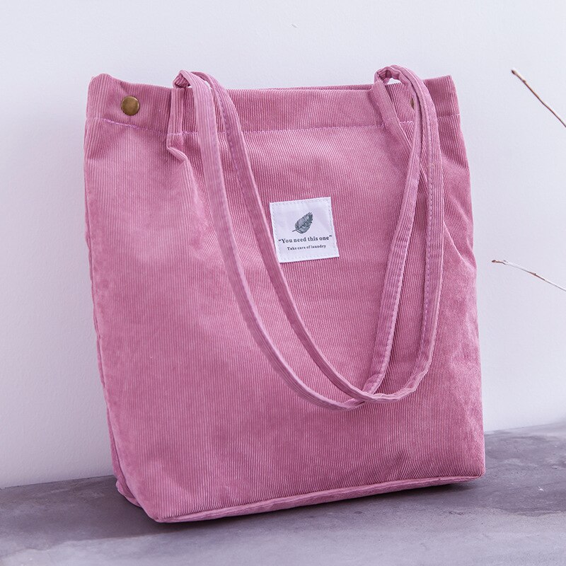 Tasker til kvinder corduroy skuldertaske genanvendelige indkøbsposer afslappet tote kvindelig håndtaske til et bestemt antal: Lyserød