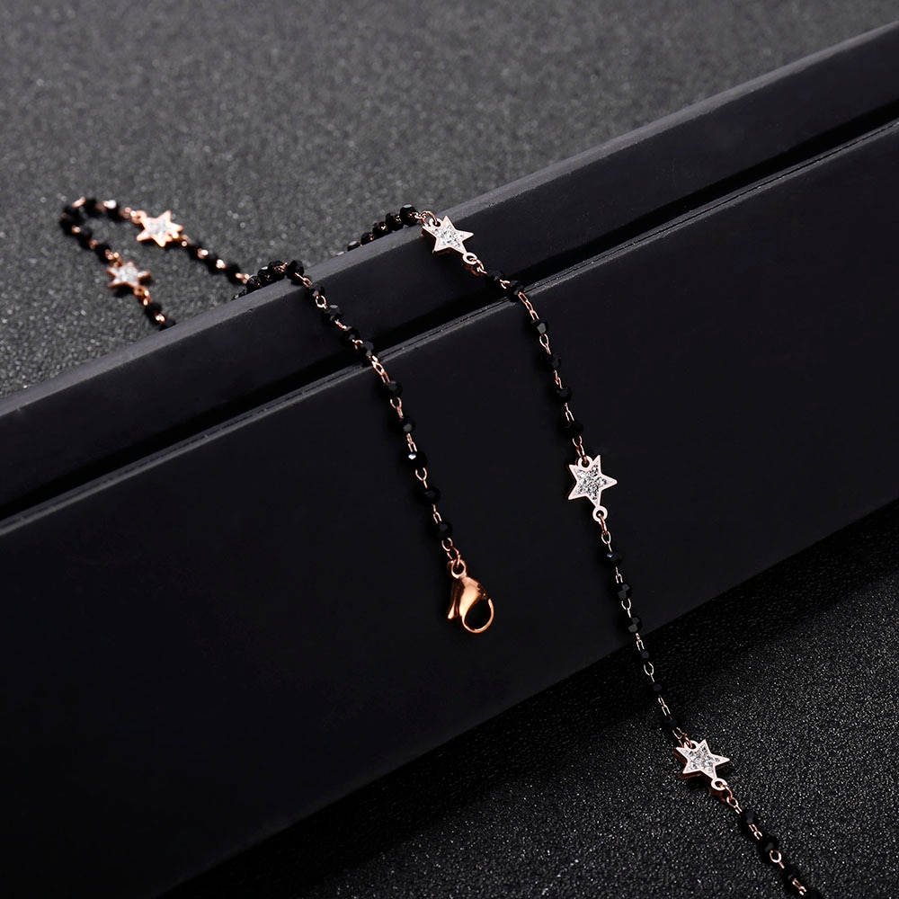 Neue Trend Schwarz Perlen Kette Choker Halskette Rose Gold Edelstahl Charme Strass Stern Halsketten für Frauen Böhmen Schmuck