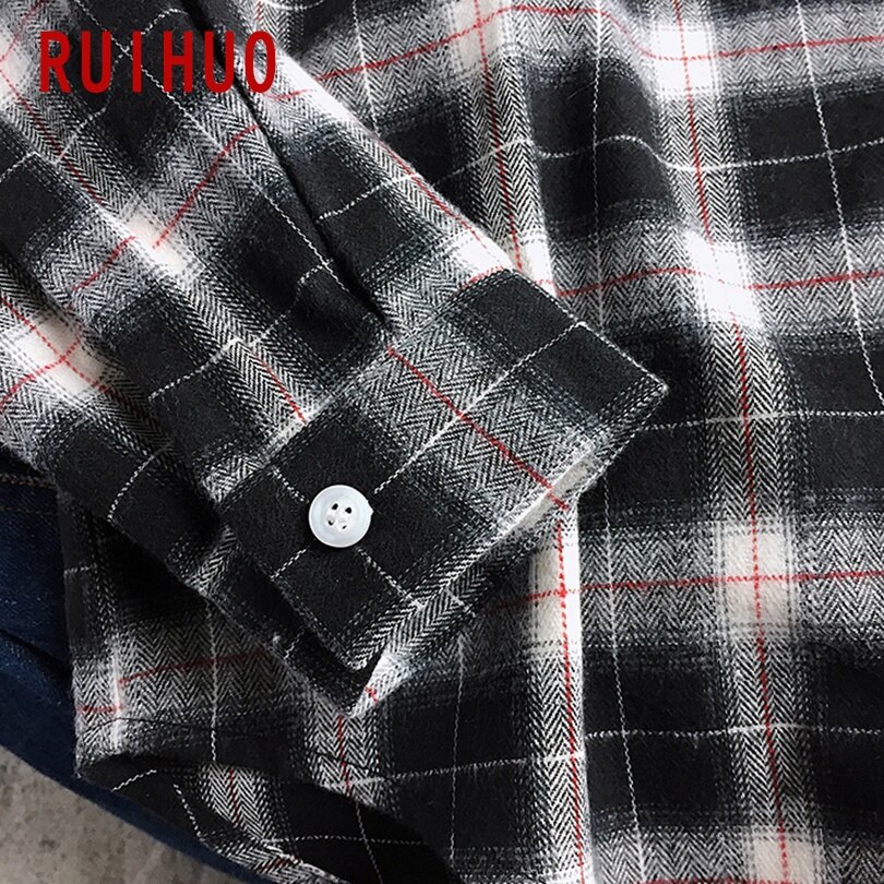 RUIHUO Plaid Shirts For Men Clothing Streetwear Men Shirt Black Long Sleeve Plaid Shirt Men Korean Clothes M-2XL