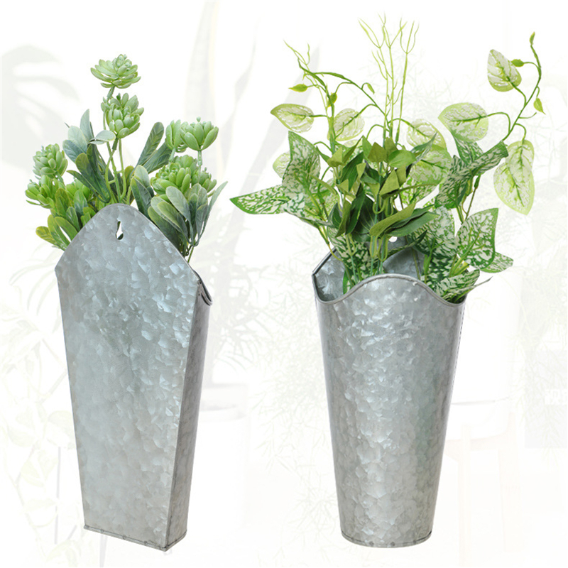 Wrought Iron Barrel Shaped Vase Wall Hanging Solid Color Empty Flower Pot for Home Decoration