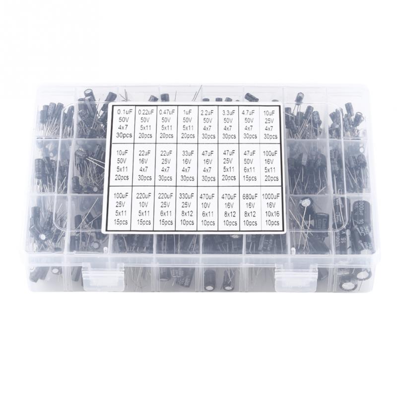 500 stk/parti 0.1uf-1000uf 24 værdier aluminium elektrolytisk kondensator assorteret sæt 10v ~ 50v blandet elektrolytisk kondensator sæt med æske