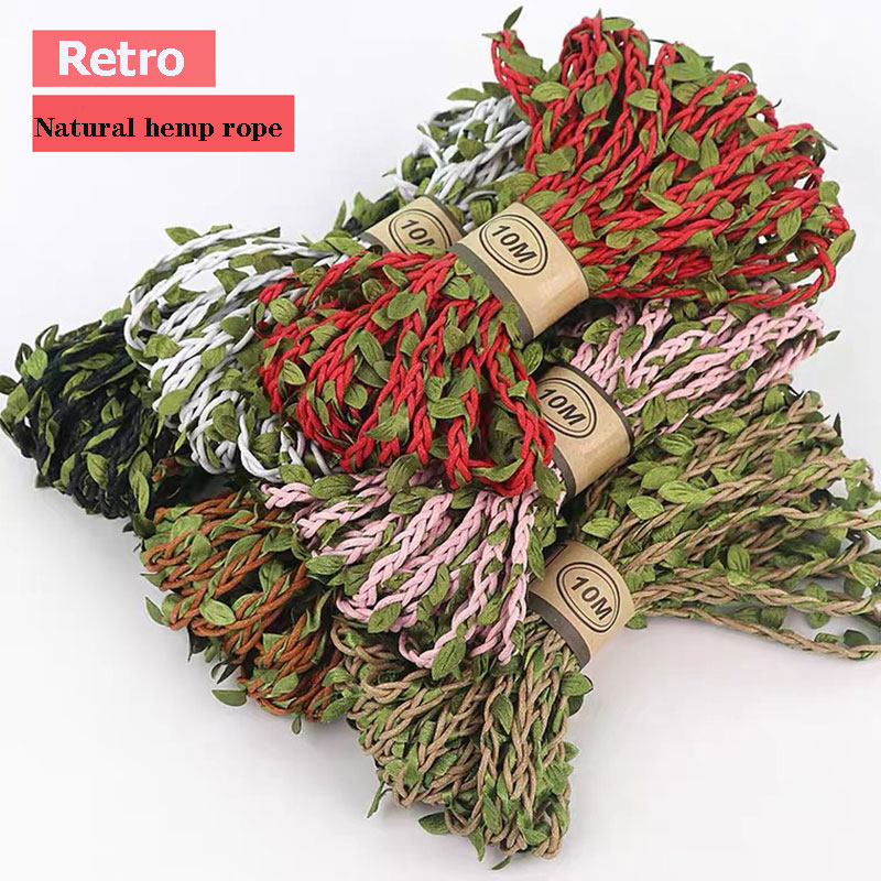 5 Meter/partij Natuurlijke Jute Touw 5Mm Jute Blad Lint Met Kunstmatige Wijnstok Groene Bladeren Diy Craft Vintage Voor Bruiloft party Decor