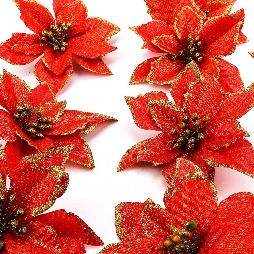 10 stks/set Glitter Bloemen Kunstmatige Kerst Decoraties voor Huis Kerstboom Ornamenten Xmas Tree Nieuwjaar Decor praktische