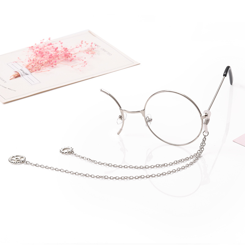 Vintage glasses with chain one eye round metal frame optical glasses steam punk style retro eyeglasses half frame: silver left