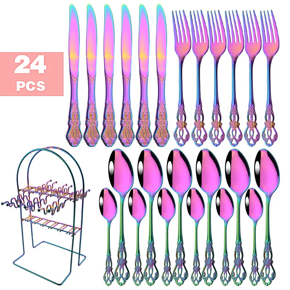 6-24pcs Luxury Wedding Silverware set Silver Dinnerware Knife Fork Tea Spoon Retro Kitchen Flatware Tableware Cutlery Rack Set