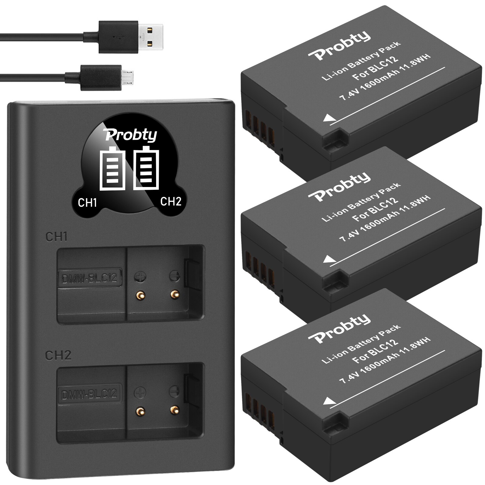 Batteries BLC12E DMW-BLC12 + double chargeur pour Panasonic Lumix FZ1000,FZ200,FZ300,G5,G6,G7,GH2,DMC-GX8: 3BatteryWithCharger