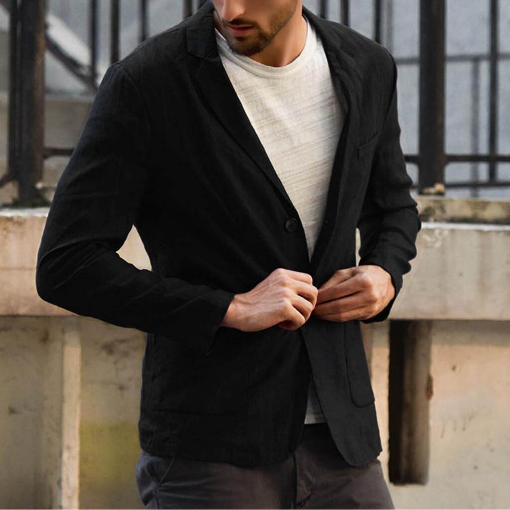 Chaqueta de negocios de lino para hombre, chaqueta informal, abrigo ajustado, prendas de vestir, chaqueta de un solo pecho para hombre, abrigos de de talla grande: Negro / XXXL
