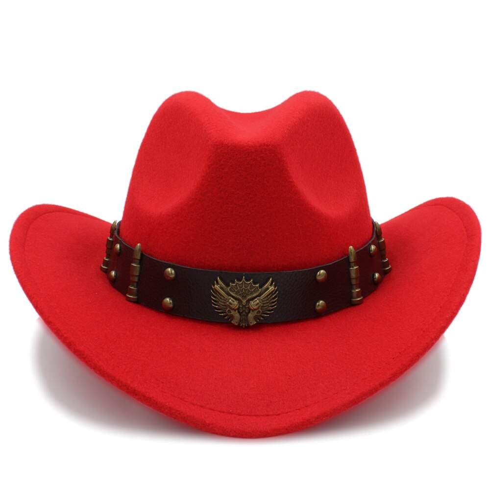 Kvinders uld western cowboy hat roll-up brim lady fascinator jazz hestesport sombrero hombre fedora cap størrelse 56-58cm: Rød