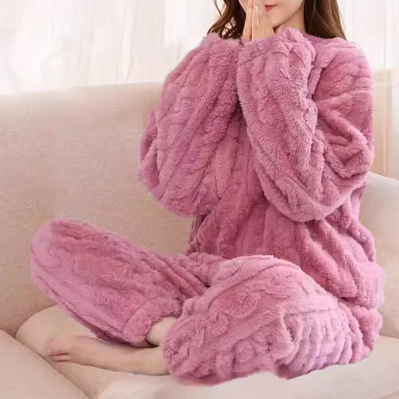 Kvinders pyjamassæt vinter nattøj o-hals løs langærmet top elastisk talje ben buksesæt bukser plus størrelse matchende sæt: S / Khaki