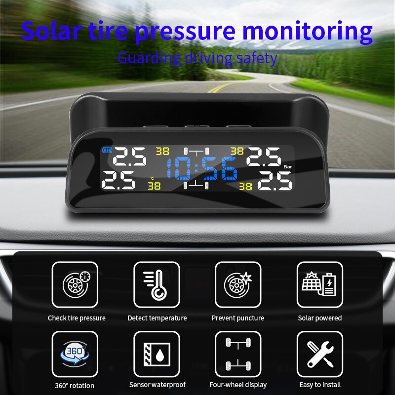Tpms trådlöst billarm däcktrycksövervakningssystem rotationsvisning tidsvarning solenergiladdning externa inre sensorer