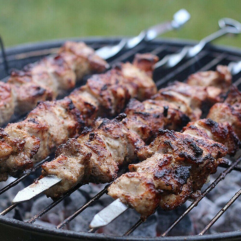 10 pçs de aço inoxidável churrasco espetos vara grill kebab longa agulha plana churrasco sinal ferramenta para churrasco