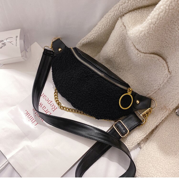 Women Waist Bag Woolen Chest Bag Chain Shoulder Crossbody Bag Banana Bag Belt Bags Phone Purse: Black