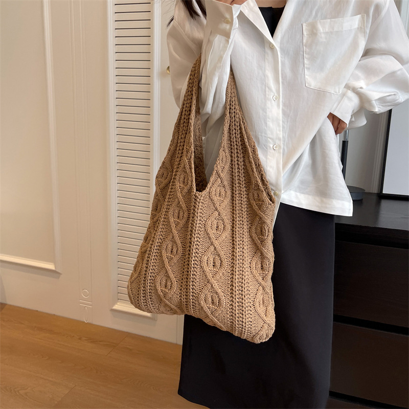 Bolso tipo shopper de hombro tejido de lana para mujer, bolso de compras Vintage de tela de algodón para niñas, bolso grande para mujer, bolso de ganchillo