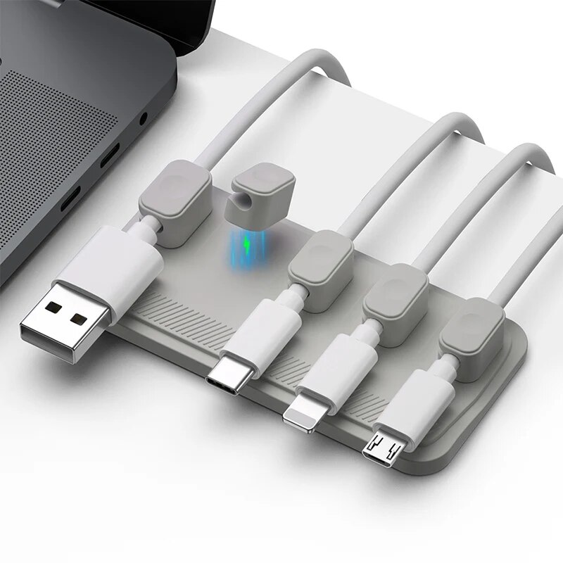 Organizador de cables magnético de silicona autoadhesivo, soporte para Cables USB DIY, Clips de escritorio flexibles de silicona para organizador de cables de ratón: Negro