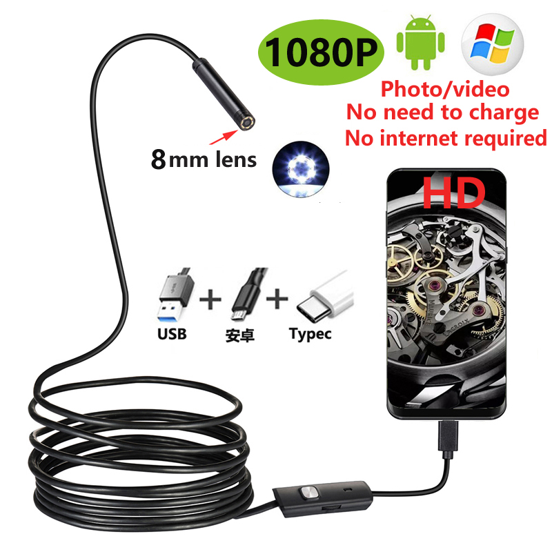 Cámara endoscópica Flexible, boroscopio de inspección impermeable IP67, 1080P, 1M, 2M, 8mm, para Android, PC, Notebook, 8LED, ajustable: 2 m