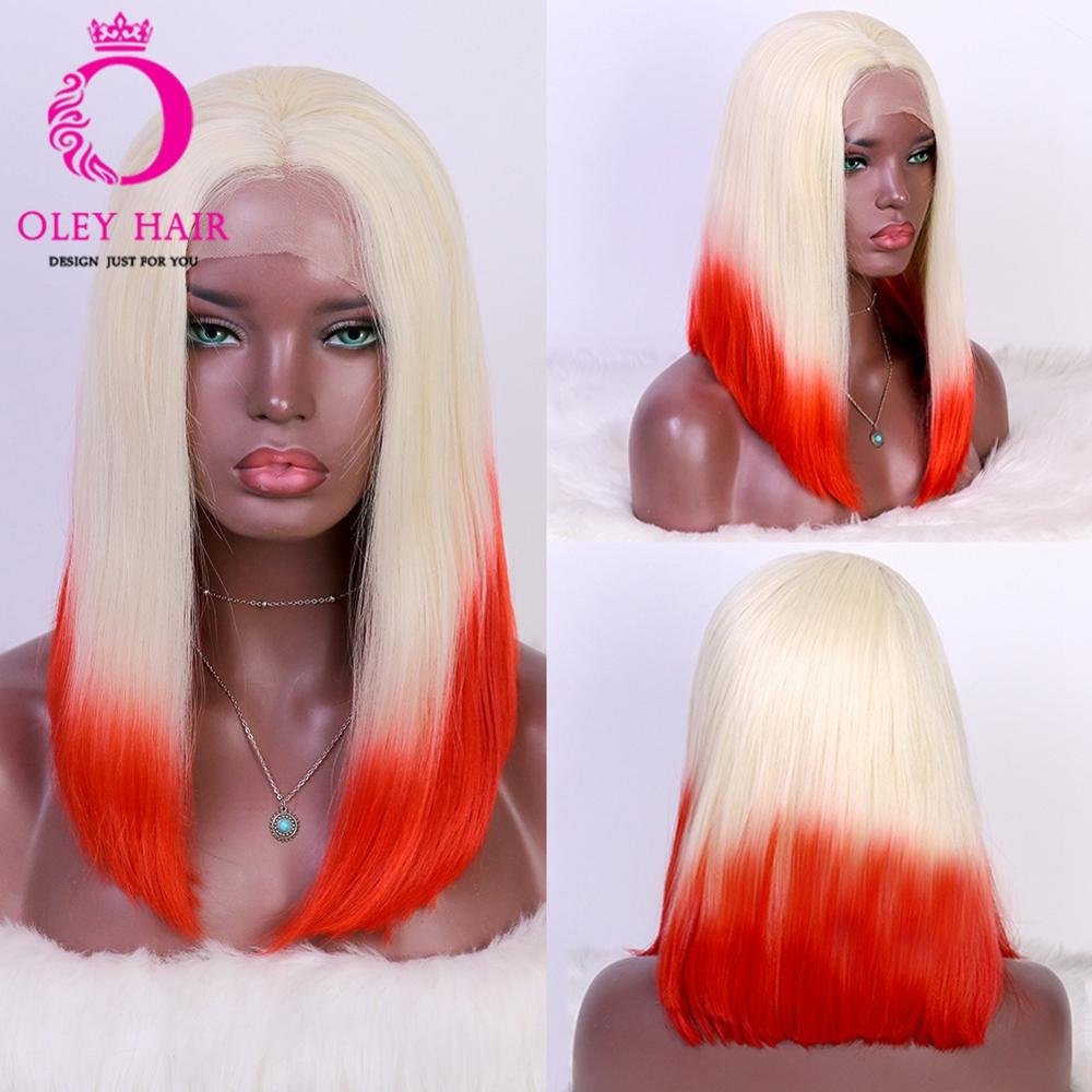 Oley hittebestendige korte blauwe synthetische lace front pruik cosplay oranje blonde ombre pruik drag queen bob pruiken voor zwarte vrouwen: Ombre kleur / 14 inch