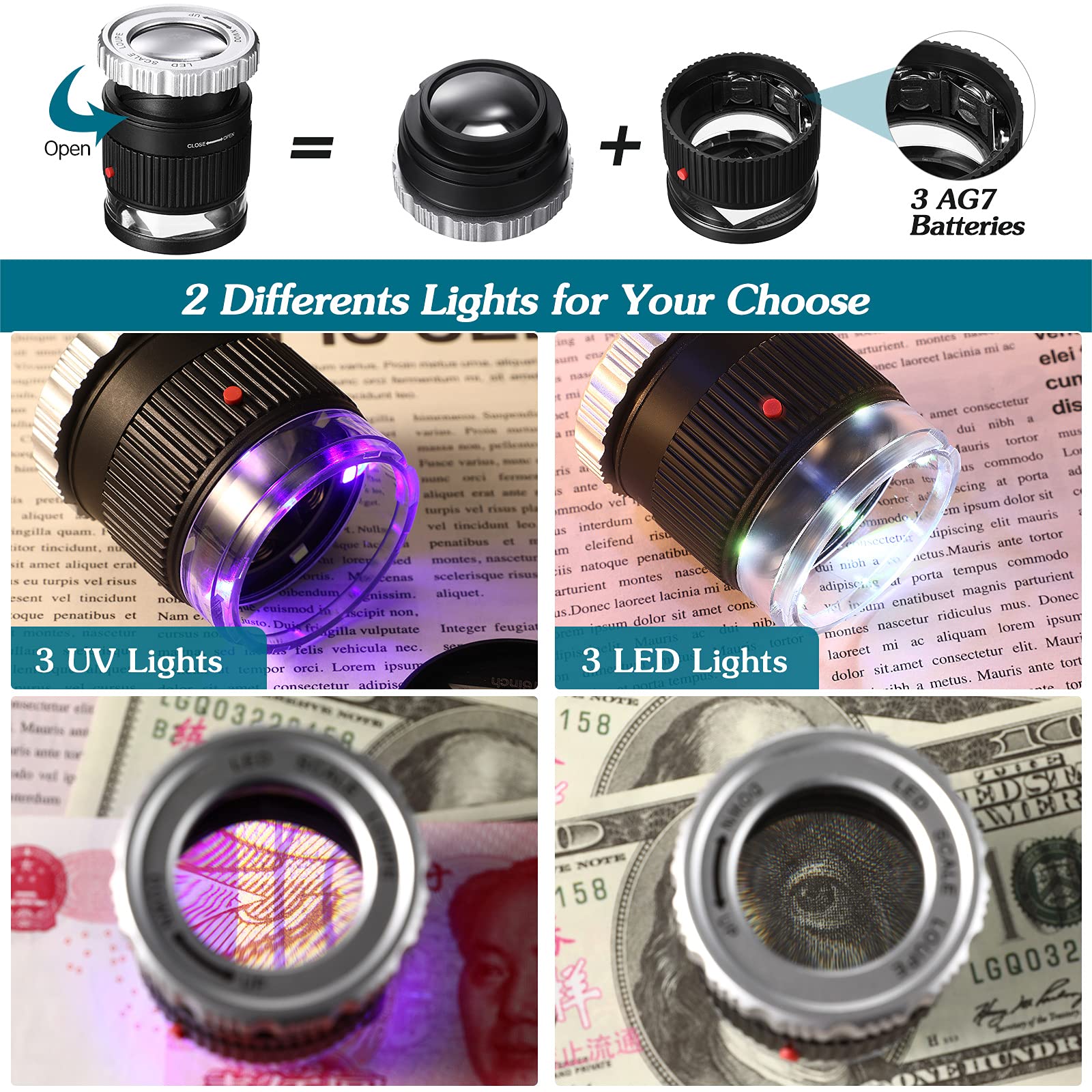 Lupa de bolsillo 30X con escala, Lupa iluminada con luz LED UV, Lupa HD Focal ajustable, herramienta de joyería, Lupa de lectura