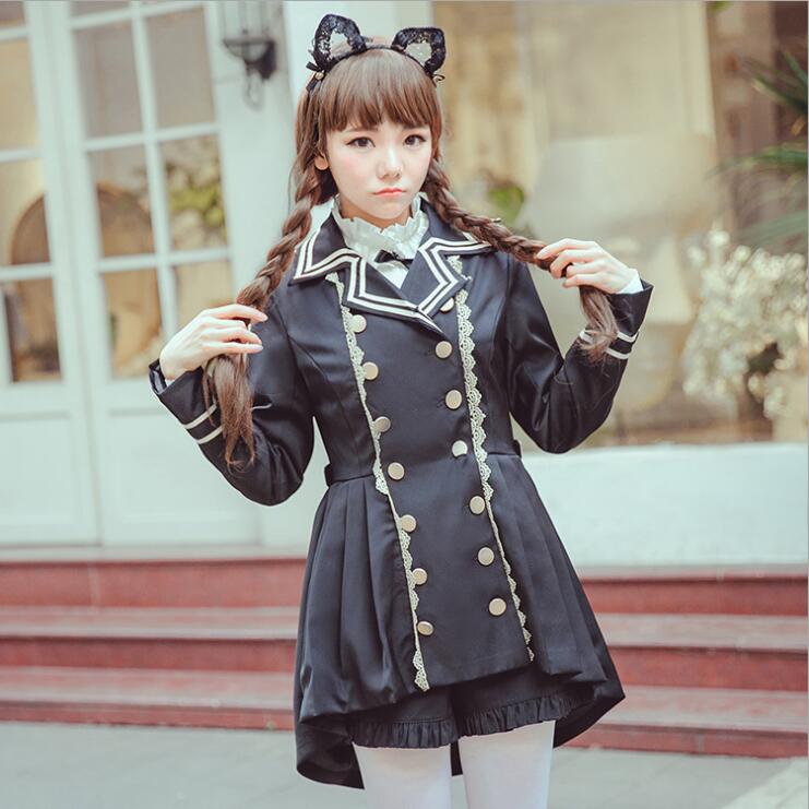 Japansk collegestil vintage dubbelknäppt spets slagslag svala svans trench lolita kappa långärmad skjorta shorts kostym loli cos