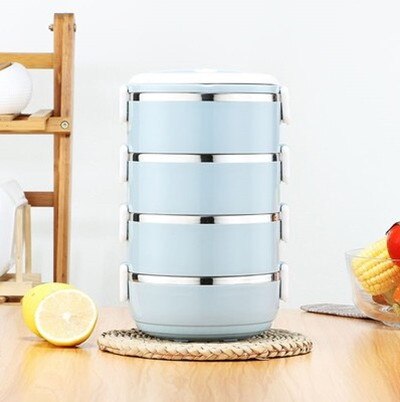 Fiambrera térmica aislante para uso en el hogar, fiambrera portátil de acero inoxidable multicapa a prueba de fugas, herramientas de cocina para exteriores: Blue 4 layers