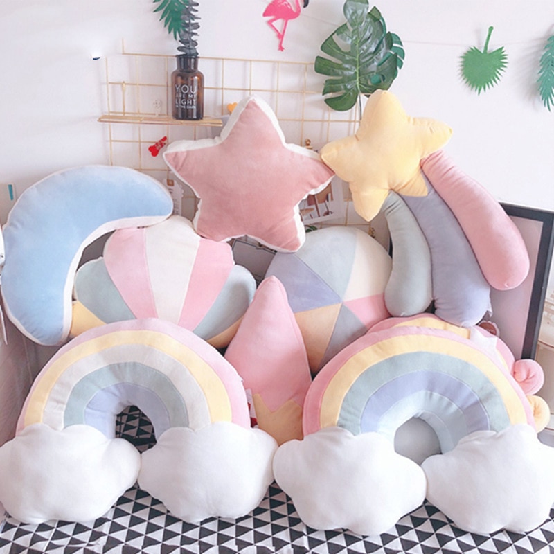Cilected Multicolor Rainbow Cloud Pillow Living Room Bedroom Sofa Bed Cushion Office Cute Napping Pillow Stars Plush Toy