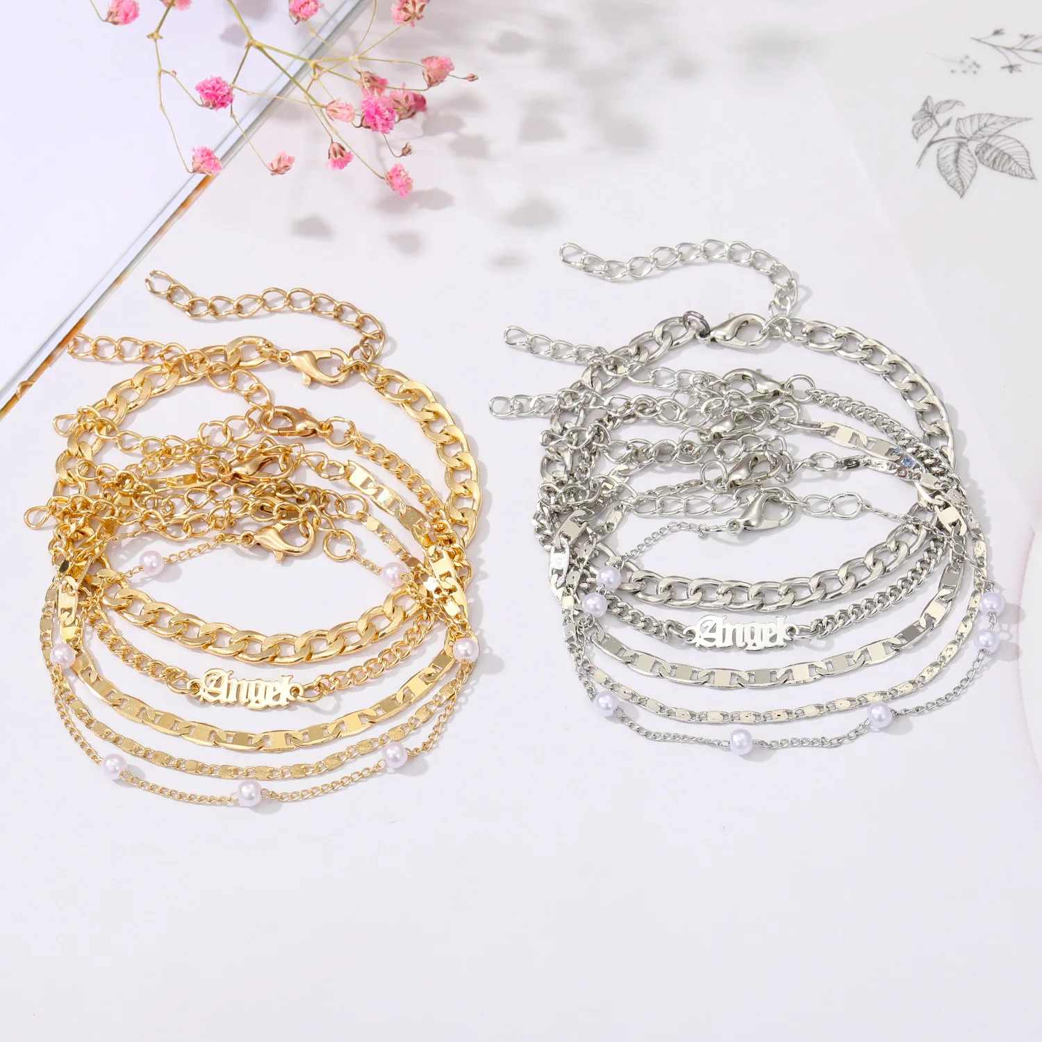 Boheemse Gouden Kleur Ketting Armband Set Voor Vrouwen Faux Parel Hoek Letter Charm Armband Vrouwelijke Mode Feest Sieraden