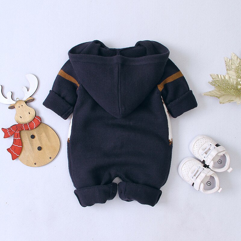 0-24M Christmas Newborn Kid Baby Boy Girl Clothes Winter Warm Knitted Sweater Long Sleeve Hooded Elk Romper Cute Xmas Outfit