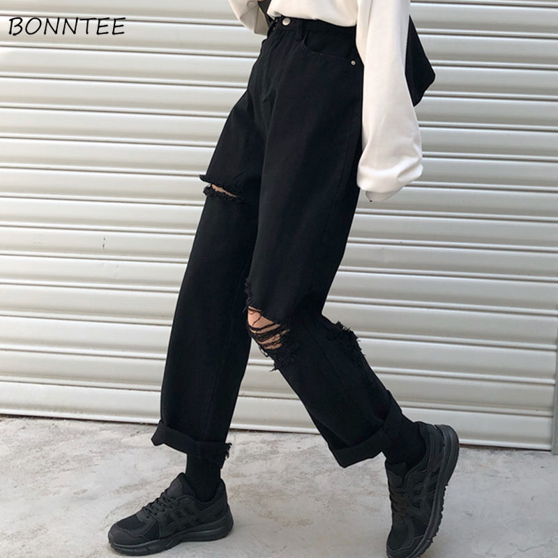 Jeans Vrouwen Denim Gat Zipper Button Zakken Losse Rechte Casual Broek Koreaanse Trendy Retro Harajuku Dagelijkse Womens Streetwear