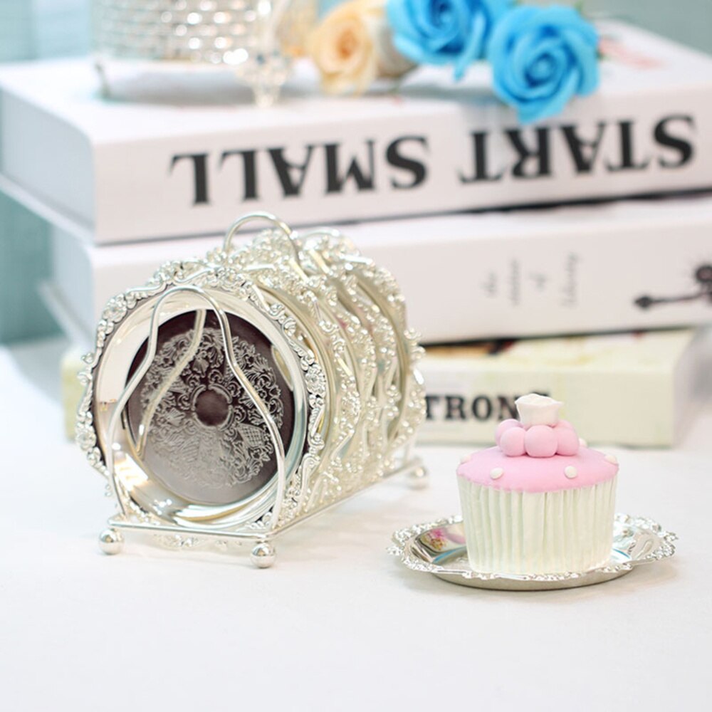 6PCS Mini Cake Dish Fruit Platter Dessert Plate Snacks Tray Decorative Tableware with Rack for Wedding Party Home (Golden)