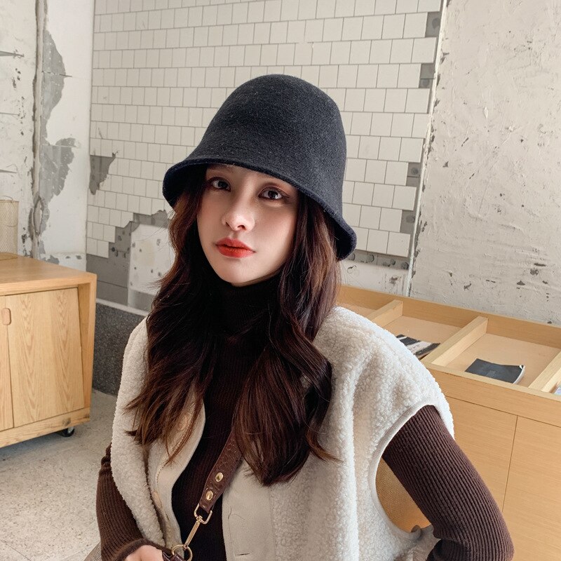 Panama Warm Winter Women's Bucket Hat Felt Wool Hat Girl Autumn and Winter Black Hip Hop Hat: black