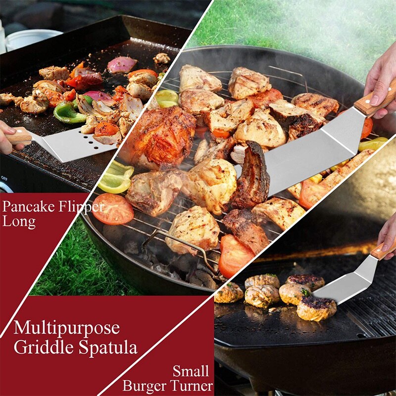 Metal Spatula Set of 4, Stainless Steel Griddle Spatula Scraper Tools Set with Wooden Handle, Griddle Accessories Kit for Teppan