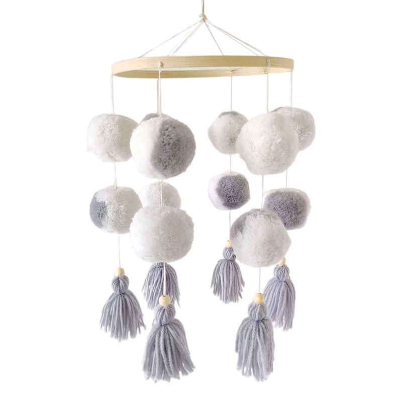 Carillon à vent en bois pour bébé, Mobile, pompon coloré en peluche, boule suspendue: GRAY