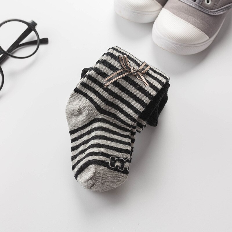 Herfst Kinderen Panty panty Gestreepte Baby Peuter Meisjes Boog-knoop Panty panty Katoen Kinderen Meisje Panty Kousen: grey white / 2-4 years old