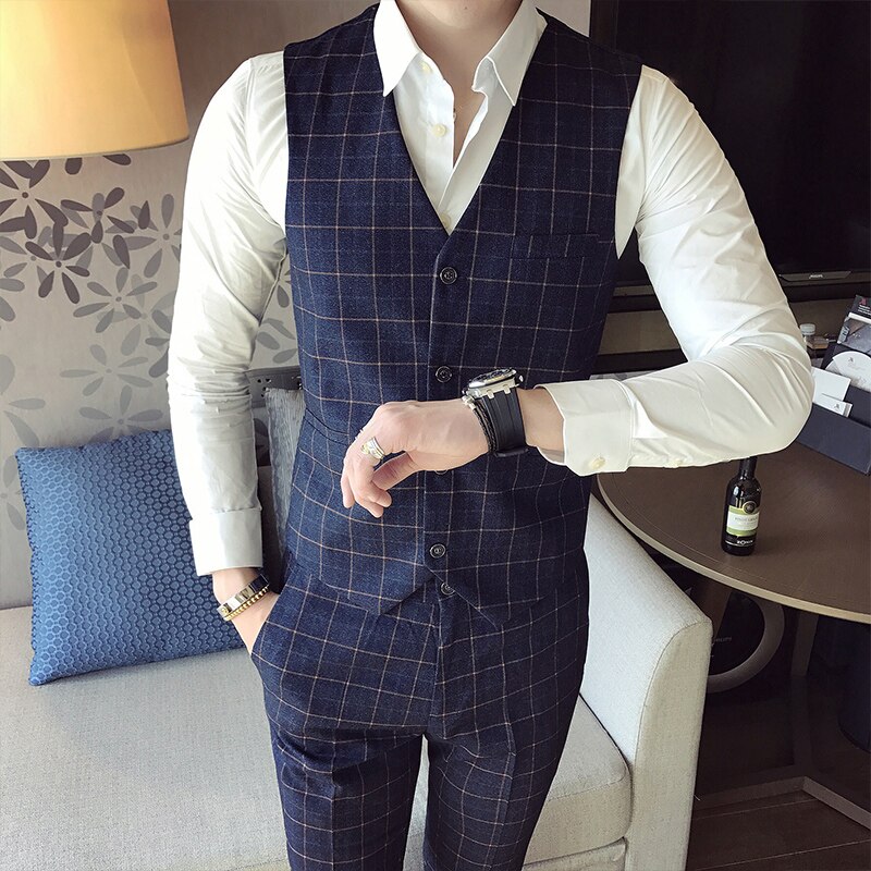 Nre Men's Formal Business Suit Vest Men's Classic Plaid V Neck Slim Vest Wedding Dress: Navy Blue / Asia M (US XXS)