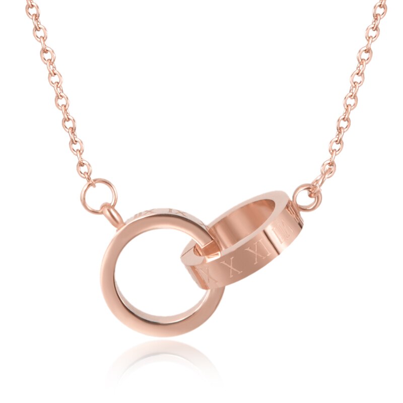 FYSARA Classic Brand Love Two Circle Double Buckle Necklace Roman Numeral Flower Clover Necklace Stainless Steel Gold Clavicle: rose gold roman