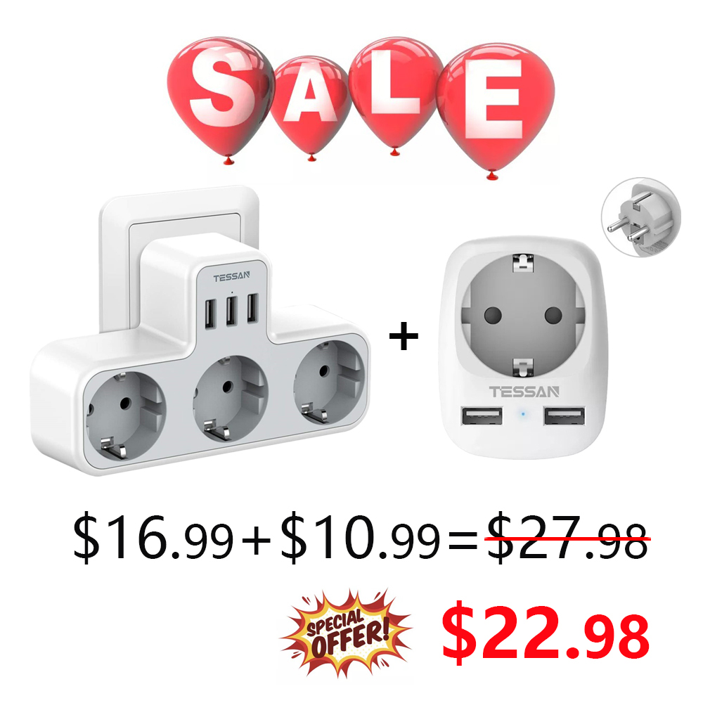 TESSAN EU Standard Plug Power Strip with 3 USB Charging Ports and 3 Outlets Multi Outlets Extender Wall USB Socket Plug Type-E/F: 611-DE and 323-DE