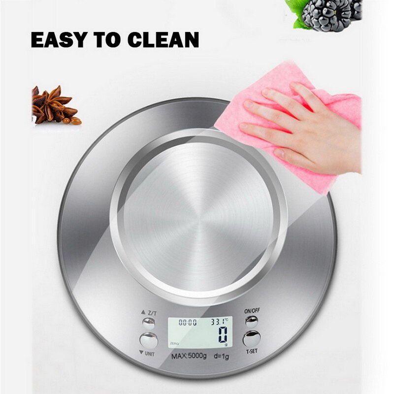 Food Scale Stainless Steel Digital Kitchen Weight with Removable Bowl Temperature Sensor for Cooking and Baking 5KG/1G