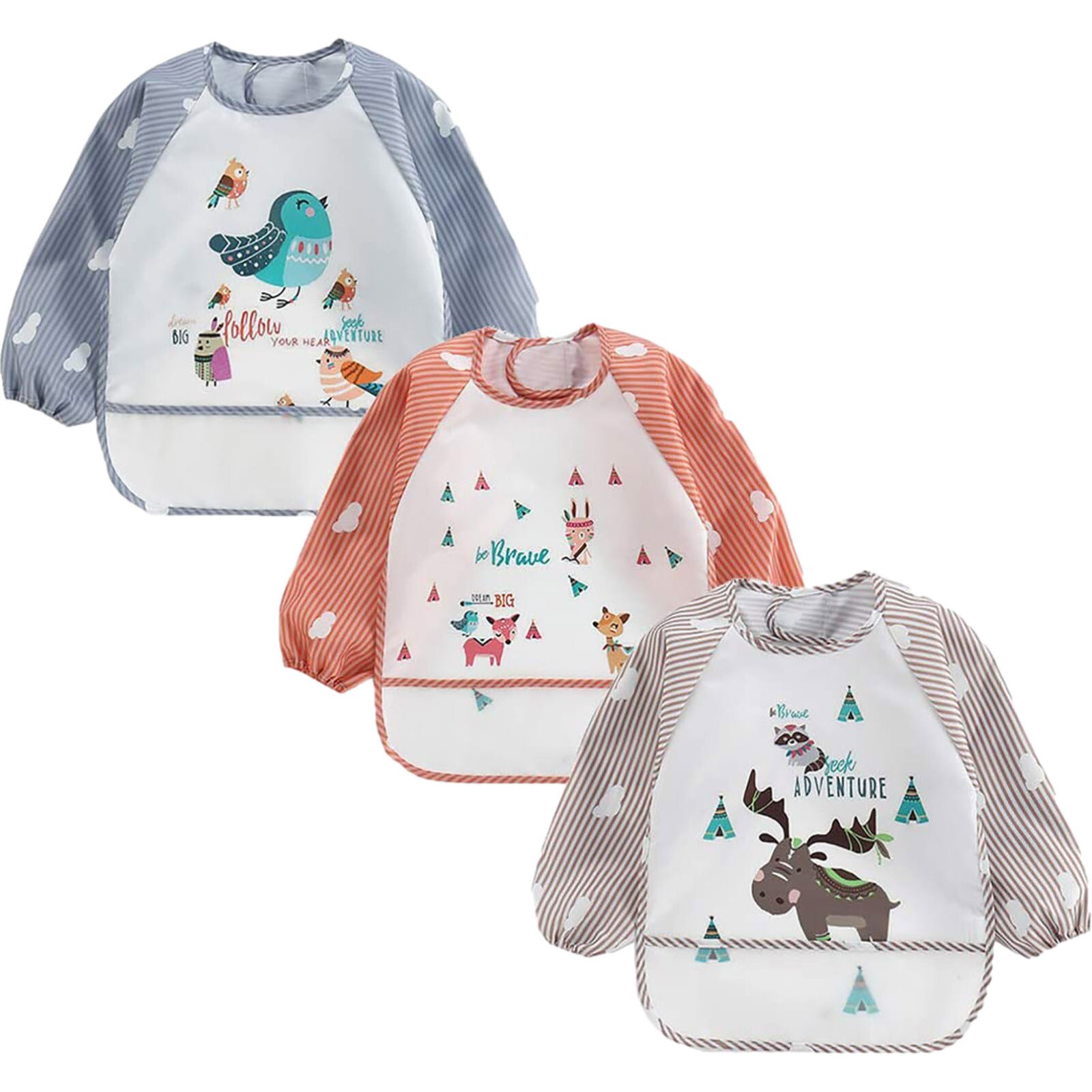 3pc natal elk impressão bib bebê impermeável de manga comprida listrado anti-vestindo dos desenhos animados bib invertido vestido de chuveiro de bebê presentes: Default Title