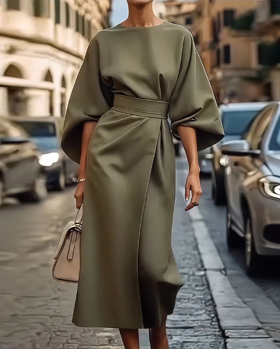 Oansatz Sieben-viertel Hülse Taille Jahrgang Kleid Für Frauen Elegante Einfarbig Temperament Fledermaus Hülse lässig Kleid weibliche: XXXL / Armee Grün