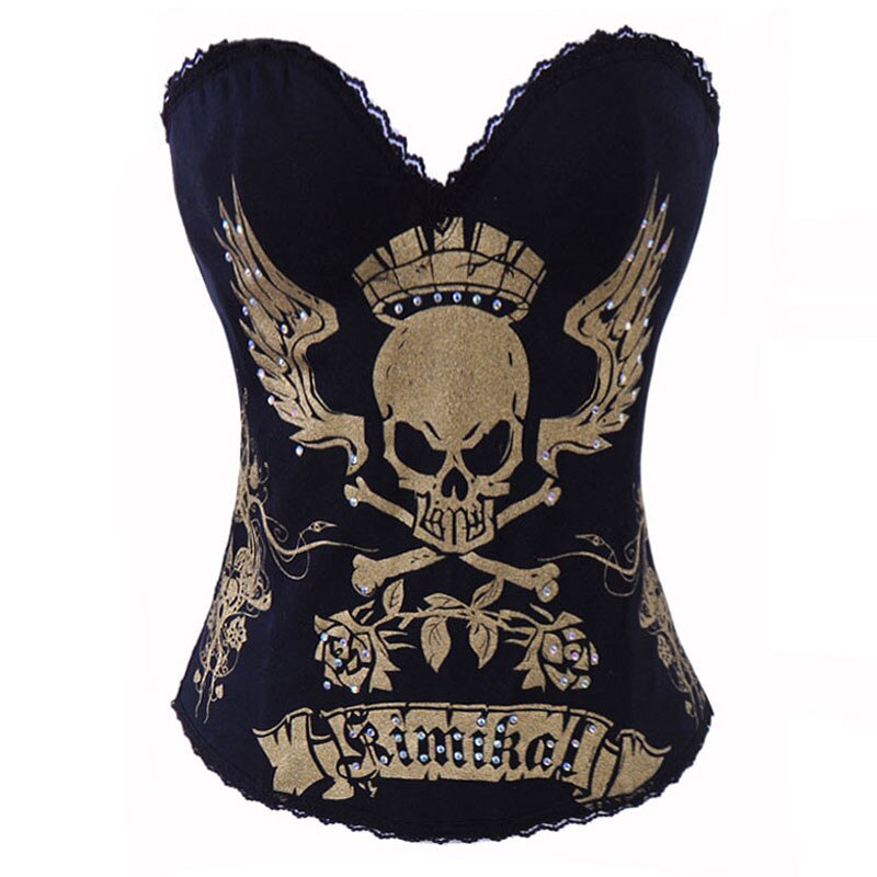 Women Halloween Clothing Punk Rock Overbust Bustier Corset Skeleton Skull Print Lingerie Corselet Top Comfortable Cotton Bustier: Gold / M