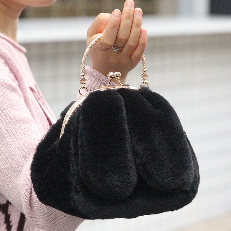 Faux Fur Rabbit Ears Plush Kawaii Round Bag Shoulder Crossbody Bags Women Chain Messenger bag Ladies Solid Furry Handbag: Black